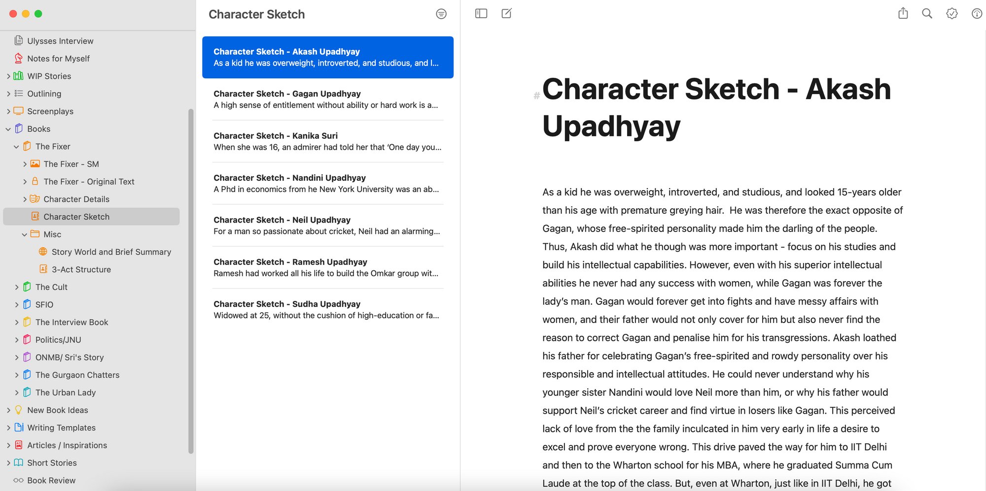 Image showing Suman Dubey’s library in Ulysses with a elaborate folder structure on the left side and a character sketch in the editor. 