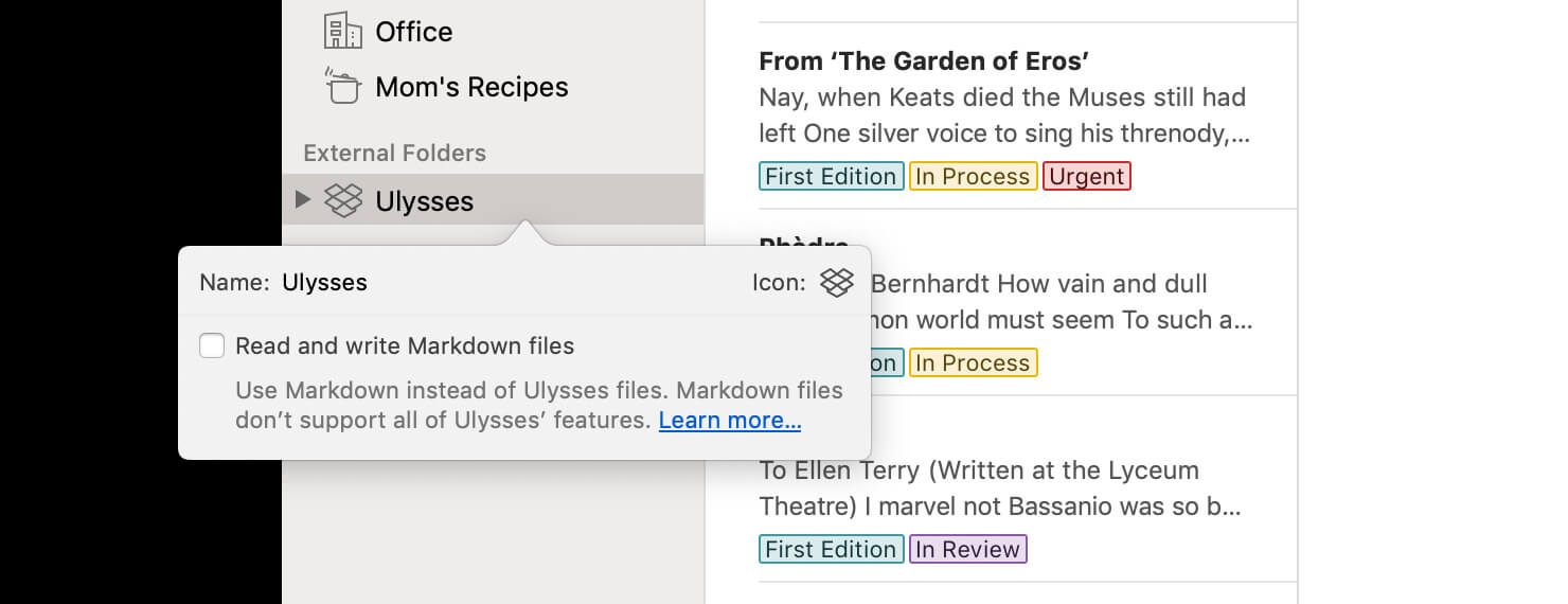 To use Ulysses files in external folders, make sure to untick “Read and write Markdown files” in a folder’s settings